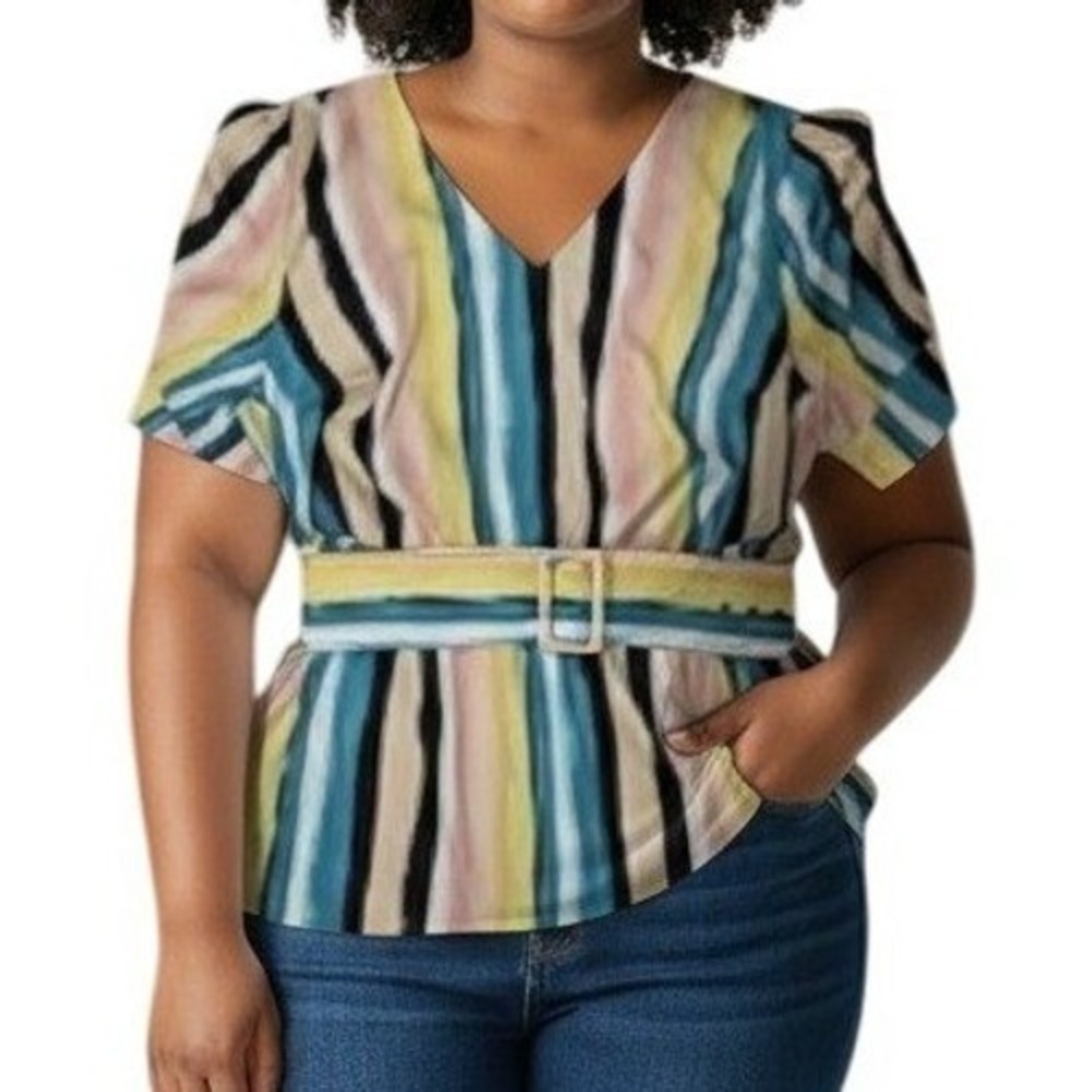 Lane‎ Bryant Belted Top Multi Color Striped V Neck Womens Sz 14 Vibrant Spring